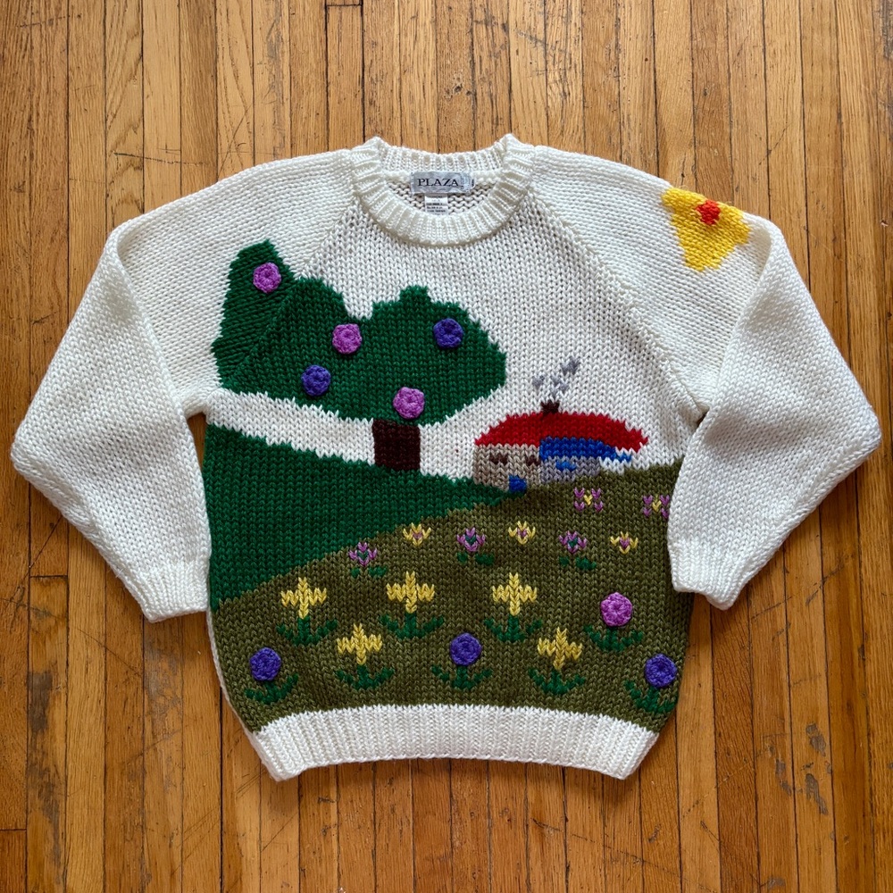 Vintage cozy colourful knit cottagecore home landscape sweater